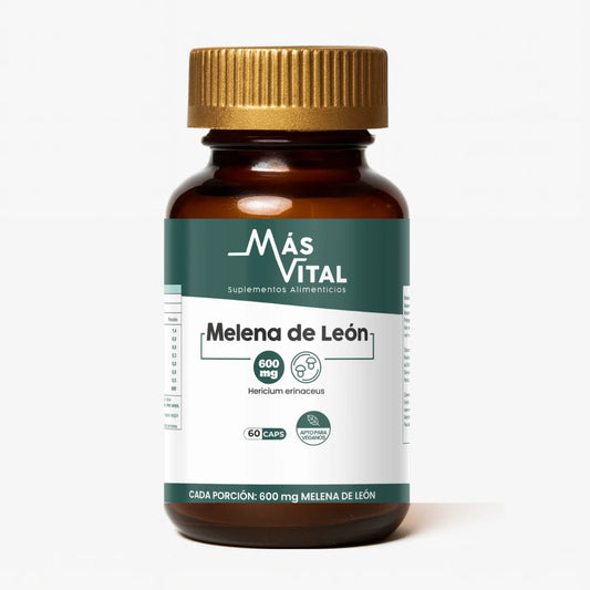 Frasco de Melena de León MasVital 60 cápsulas vegetales para apoyo natural a la concentración y el enfoque diario