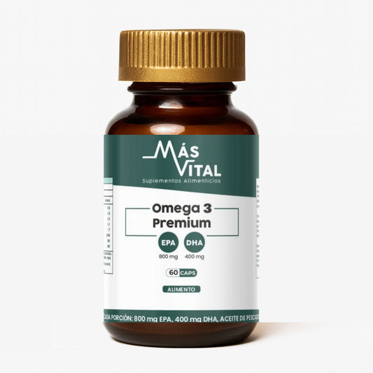 Suplemento de omega-3 en cápsulas, 60 unidades, enfocado en bienestar general, corazón y mente.